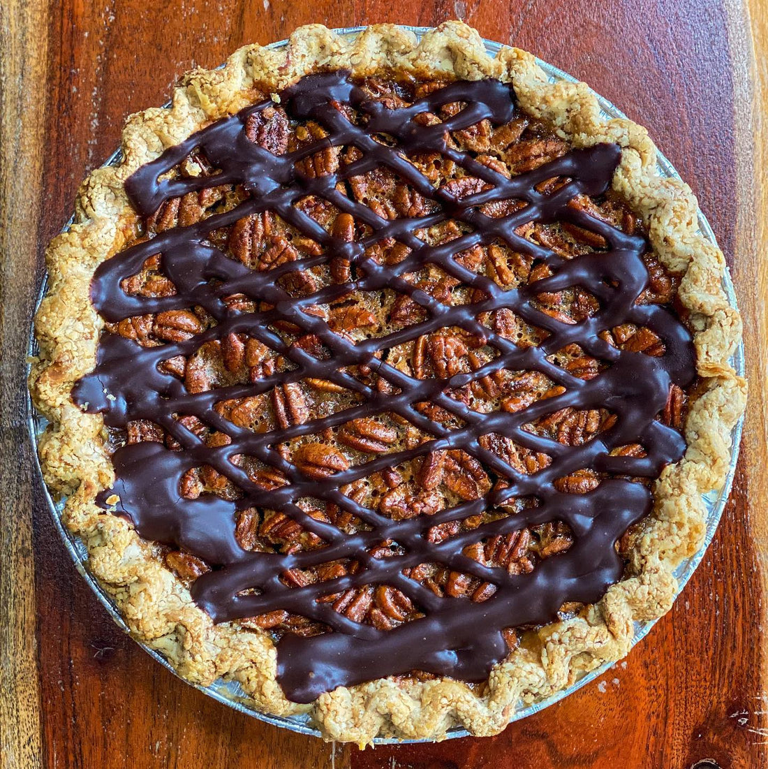 Bourbon Chocolate Pecan Pie Aerial Shot